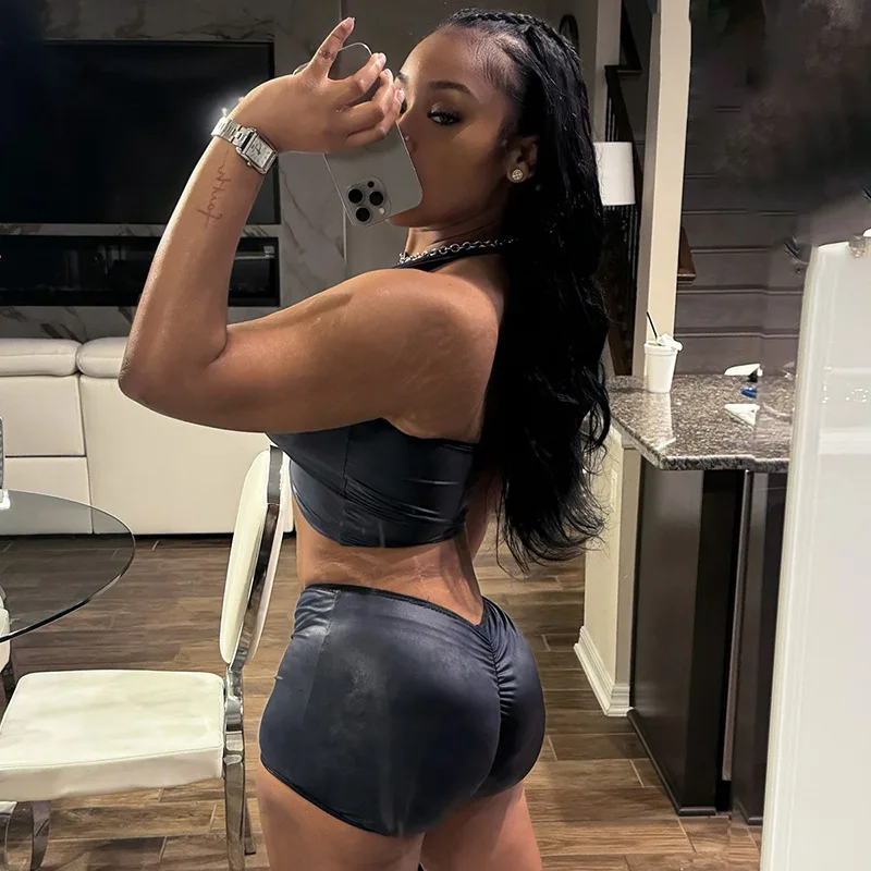 Stylish Lady Black Faux Leather 2 Piece Set Women Halter Deep V Crop Top Ruched Back High Waist Shorts Night Club Sexy Outfits