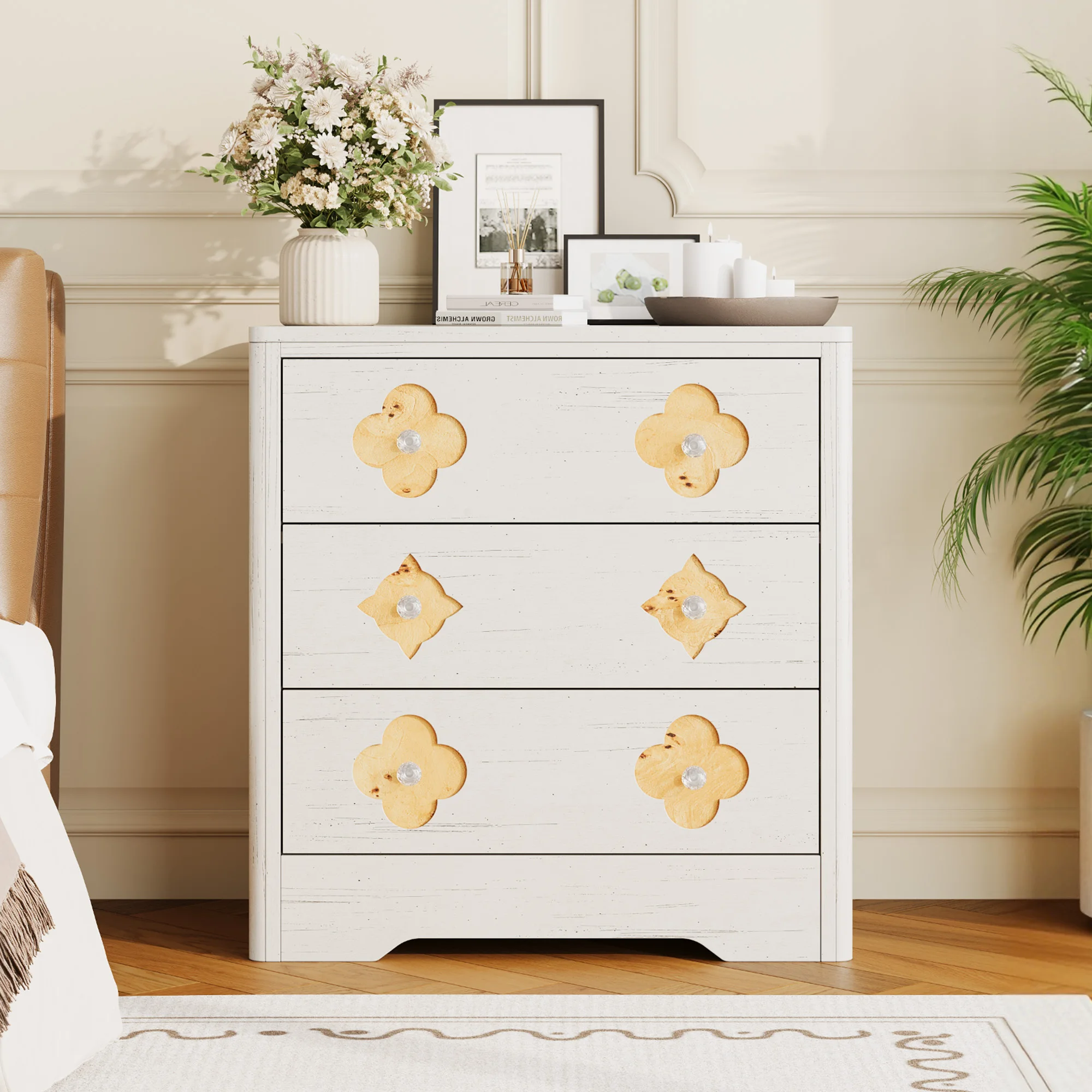 3 Drawer Tall Dresser for Bedroom, Wooden Storage Cabinet with Decorative Front, Natural Oak Organizer for Living Room Hallway