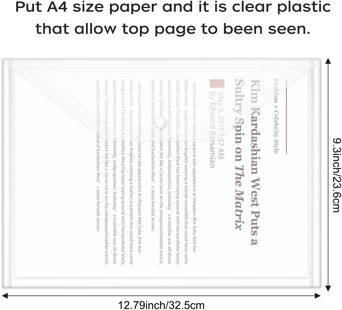 30pcs Plastic Envelopes, Clear Reusable Poly Envelope Waterproof File Folder with Snap Button, Us Letter/A4 Size image 2