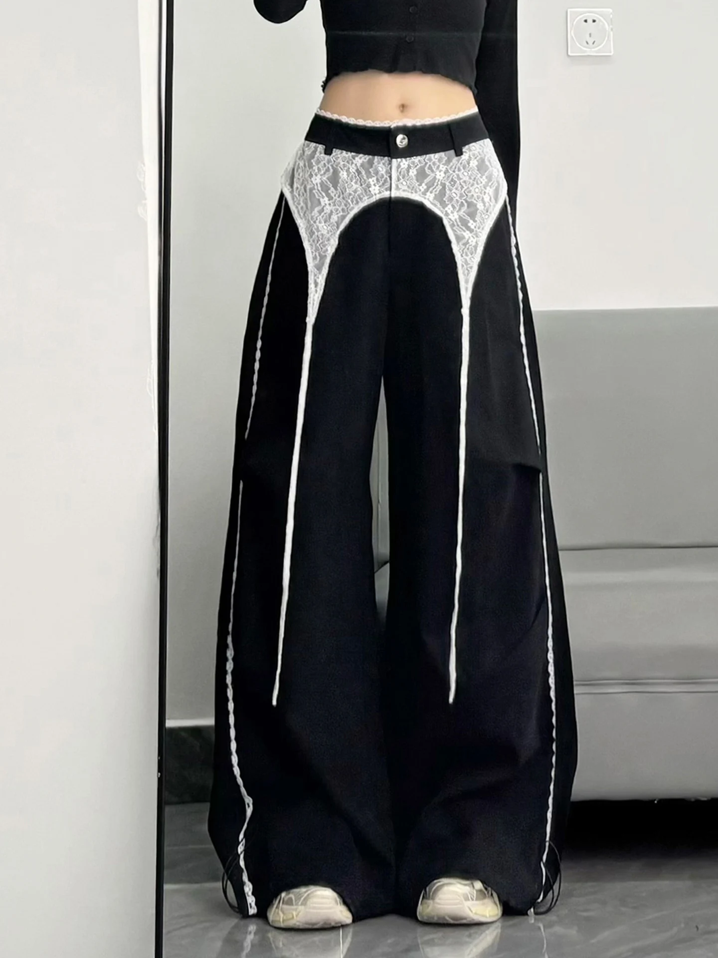 

Bla Casual Lace Wide Leg Pants Women's Spring New Design False Two-Piece Bum Curtain Trousers High Waist Zipper Polyester F...