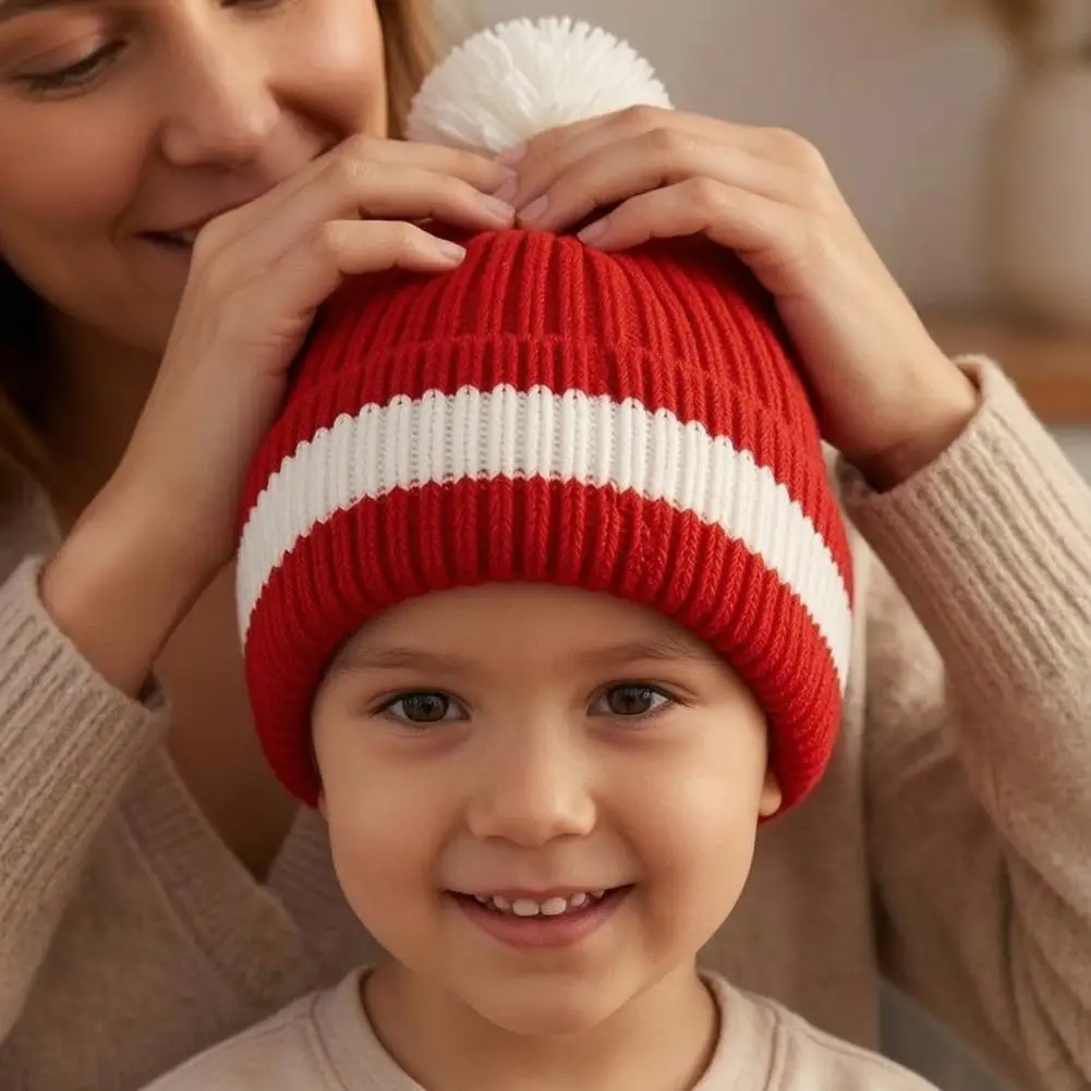 Infant Christmas White Hat Kids Christmas Pompom Hat Toddler Knitted Winter Hat Warm Brimless Knit for Boys Girls for Kids