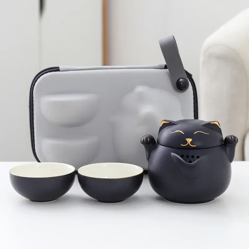 Ceramic Teapot with 2 Cups Cute Cat Portable Travel Tea Sets