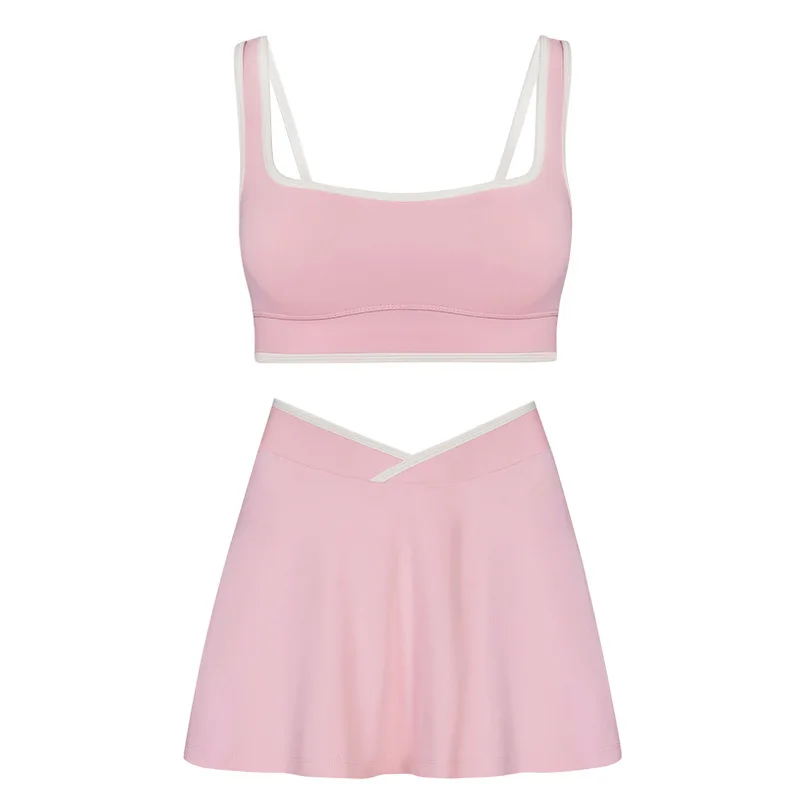 Shock-Absorbing Sports Bra with Padded Cups, High-Stretch Brushed Fitness Top, Tennis Skirt, and Halter-Neck Set