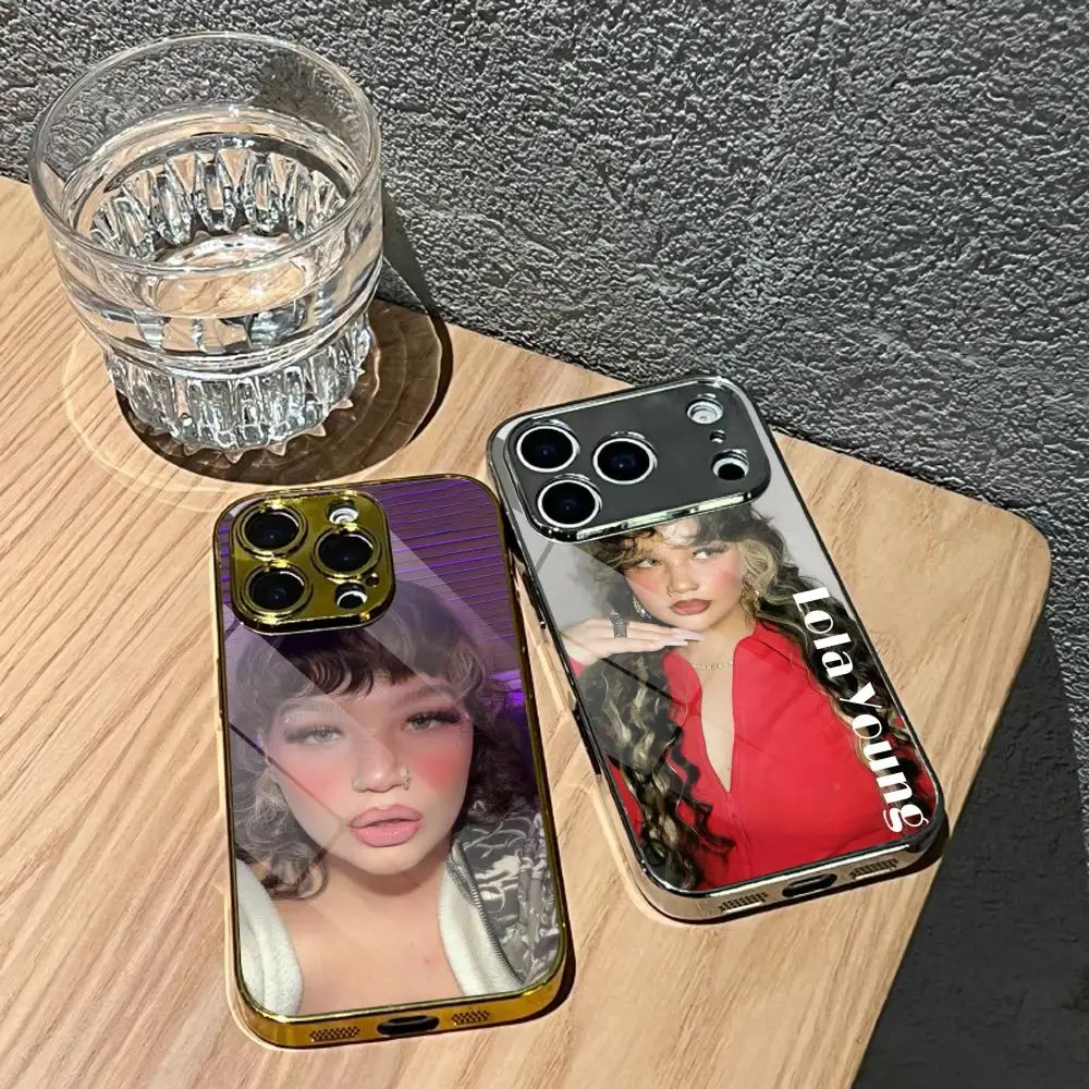 

L-Lola Young Singer Phone Case For IPhone 17 16 15 14 13 12 Pro Max Plus Electroplated Metal Bumper Case Tempered Glass Back