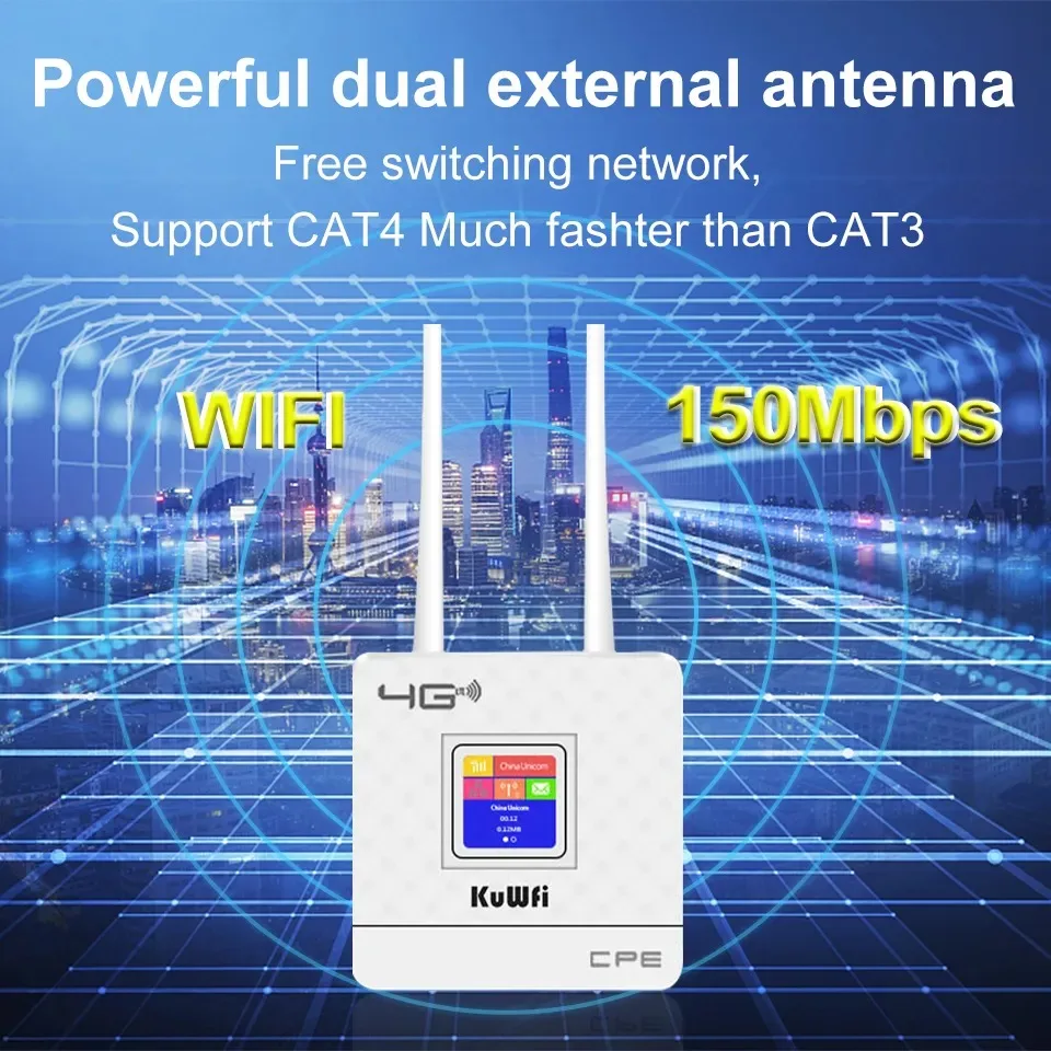 Enrutador KuWfi 4G LTE CPE, enrutador inalámbrico de 300Mbps, antenas externas duales, módem Wifi 4G con puerto RJ45 y ranura para tarjeta Sim para el hogar