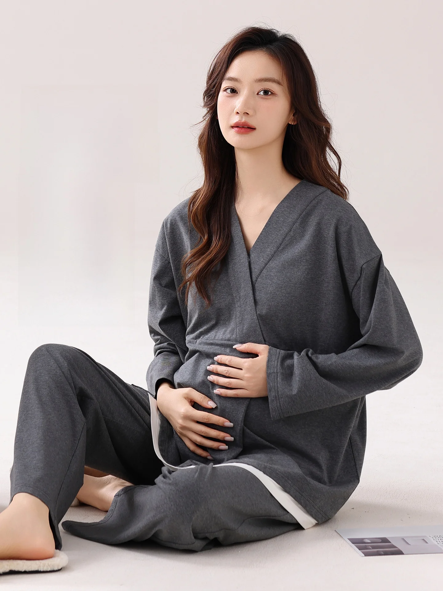 2026-new-pure-cotton-maternity-sleepwear-v-neck-feeding-mouth-with-chest-pad-spring-autumn-long-sleeve-loose-fit-cardigan-set