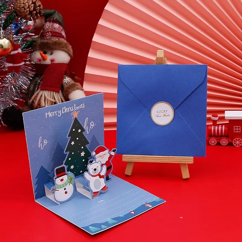 Merry Christmas Cards 3D Pop-up Greeting Cards with Envelope Santa Claus Snowman Laser Cut Xmas Happy New Year Greeting Cards