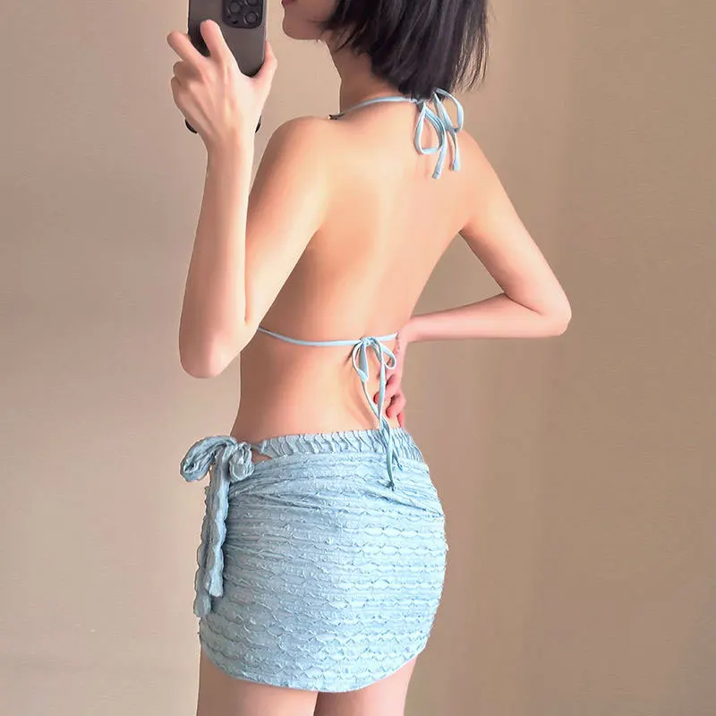 sexy Korean fashion wrinkled metal chain halter tie bikinis sets 3pcs swimsuit with cover skirt swimwear bathing suit biquini