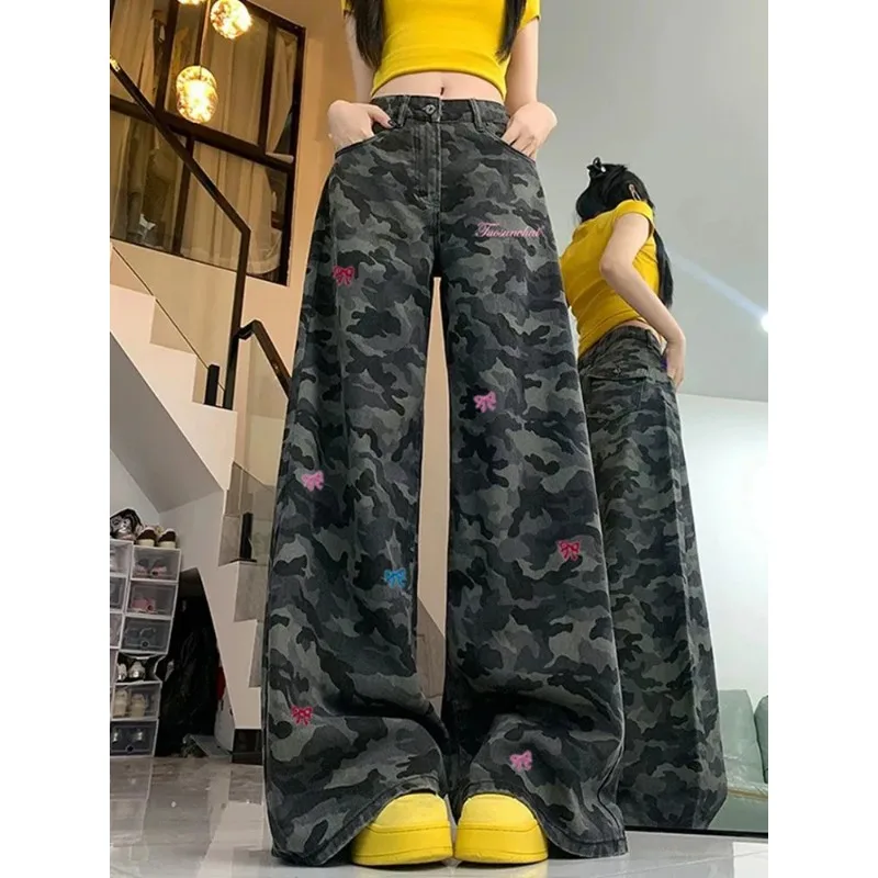 

Ins Trendy High Waist Bow Embroidery Wide Leg Pants Women Loose Straight Casual Trousers For Daily Outfit