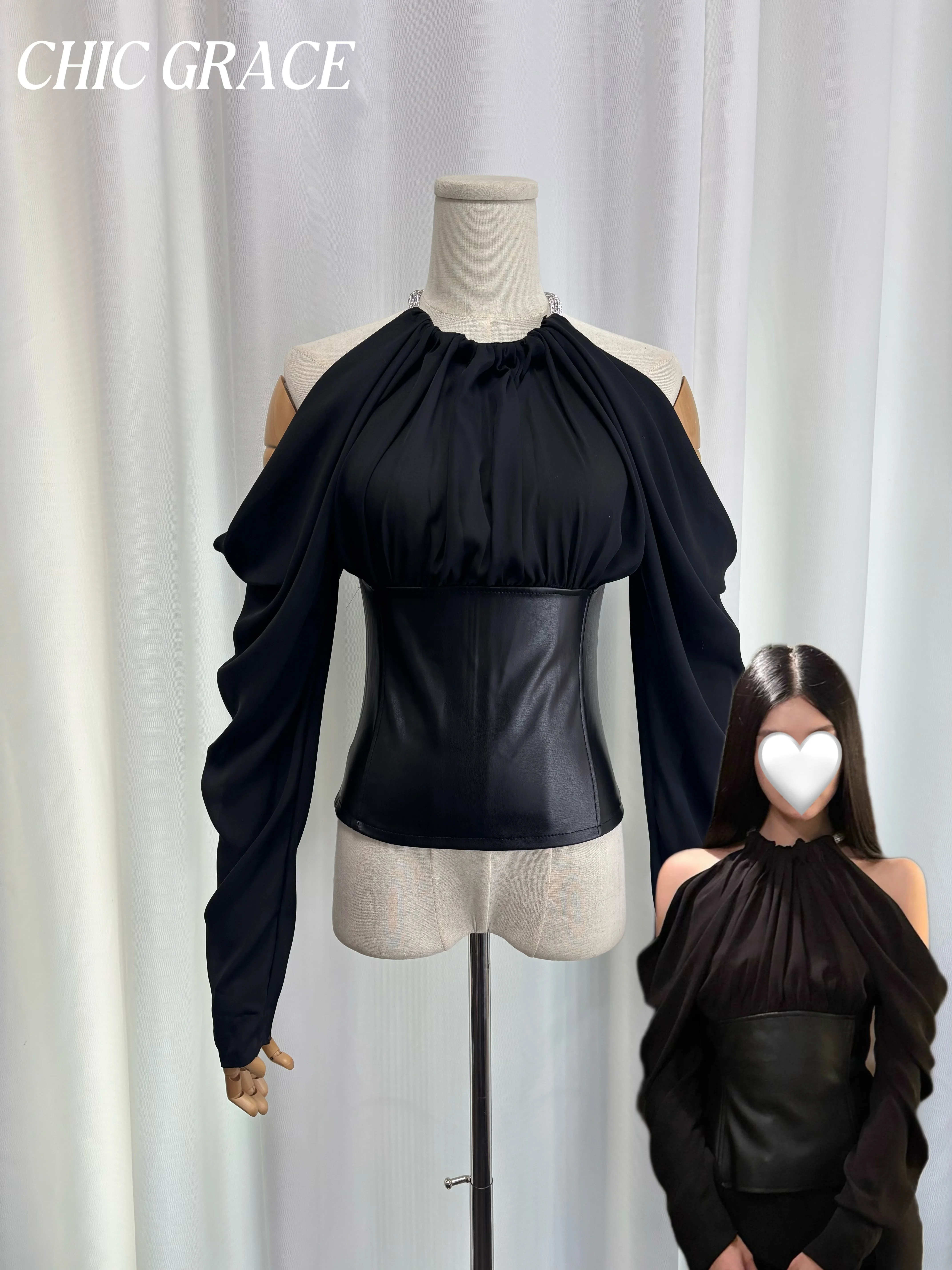 

Real shot Women's Halter Neck Cold Shoulder Blouse, Niche Design Mesh Splicing Protein Leather Top with Heavy Rhinestone Embelli