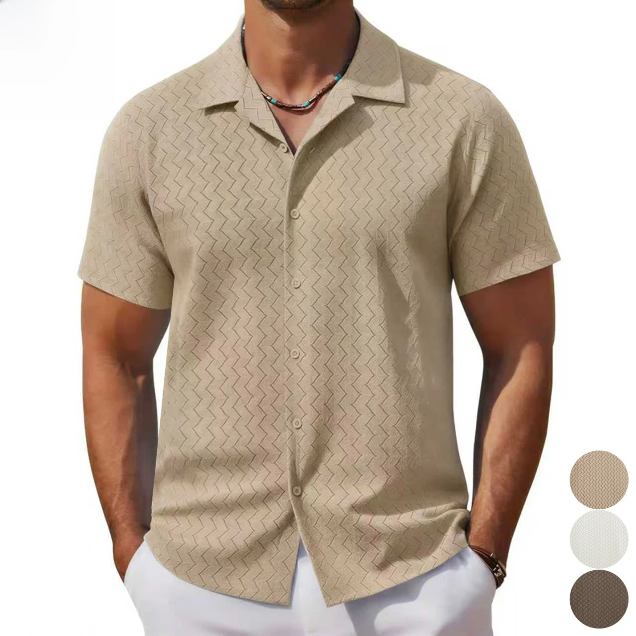 

Casual Cuba Collar Beach Style Men's Short Sleeve Shirt Hollow out Design Polyester Fabric Lightweight Summer Fashion