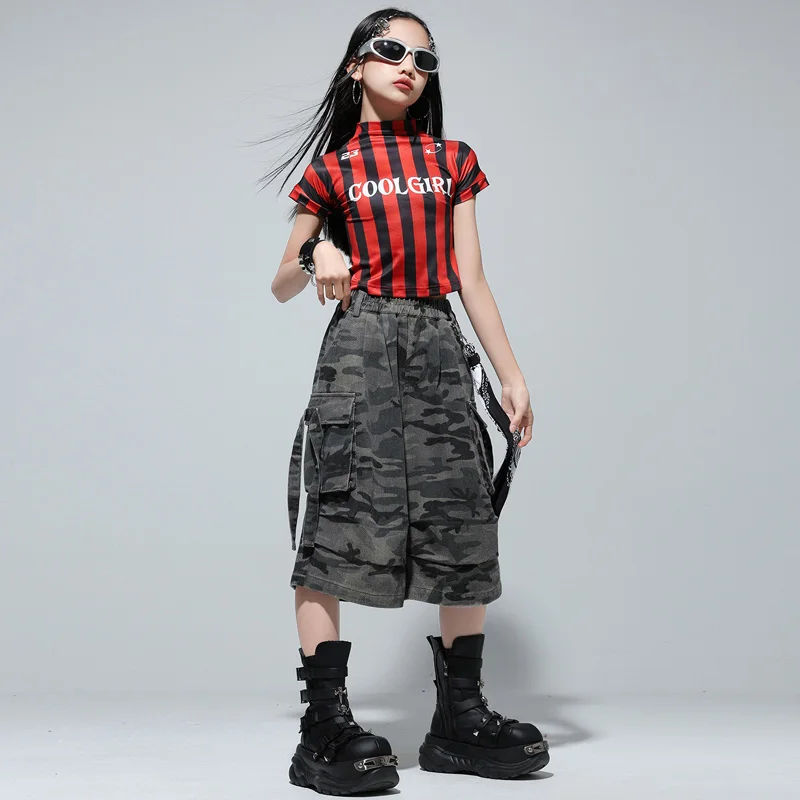 Kind Hip Hop Kleidung Set Rot Schwarz Streifen T-shirt Tops Camouflage Shorts Kind Street Dance Kostüm Mädchen Jazz Modern Dance Anzug