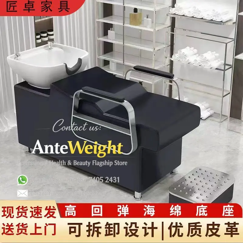 Salon Shampoo Bed with Ceramic Basin, Leather Reclining Hair Wash Chair with Footrest | Professional Barbershop Rinse Station