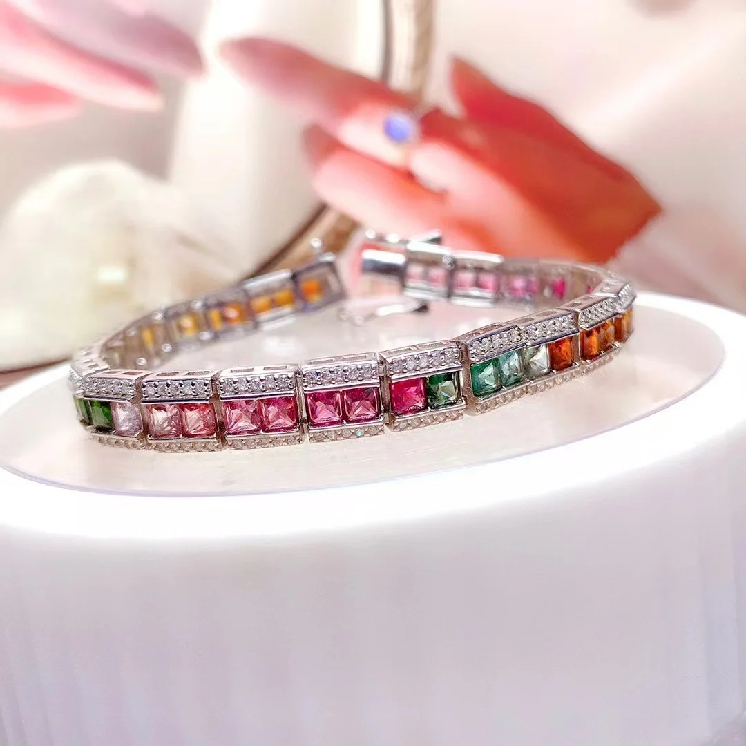 Multicolor Natural Tourmaline Bracelet 3x3mm Gemstone Beads, 925 Silver Women's Colorful Jewelry, Birthstone Gift Collection
