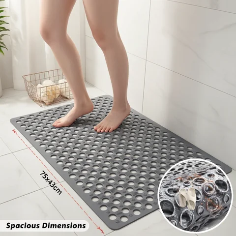 1pc Bathroom Non-Slip Mat With Suction Cup, 43x75cm Bath Rug, Shower Mat Round Hole Design, Bathroom Massage Ring, Quick Drain