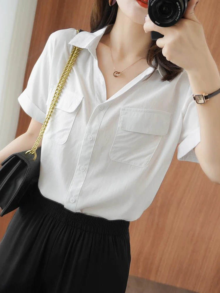 Zoki Elegant V Neck White Shirt Women Casual Simple Double Pockets Blouse Korean Fashion Loose Short Sleeve Office Lady Tops New