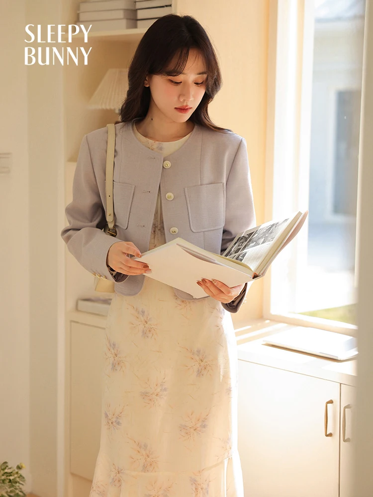 Elegant Cropped Tweed Jacket Women Spring Round Neck Slim Fit Short Coat Chic Korean Style High-End Petite Blazer Office Casual