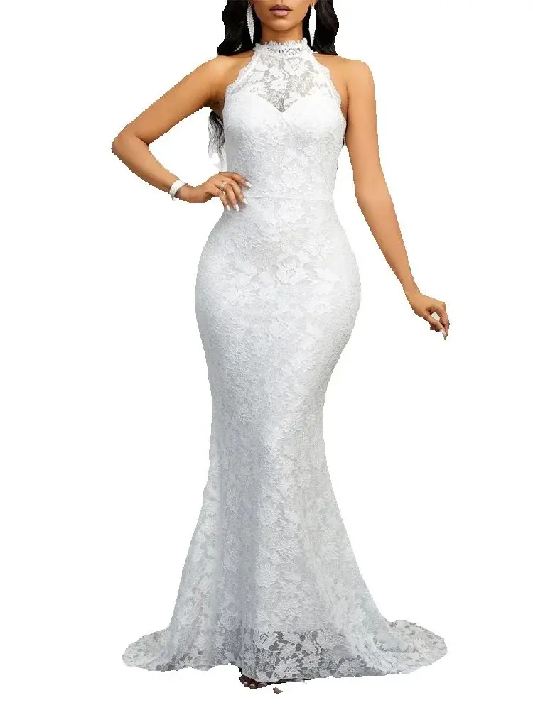 

Women Lace Long Dress White Elegant O-neck Sleeveless Backless Party Evening Dress Autumn Newest High Waist Hips Bridesmaid Gown