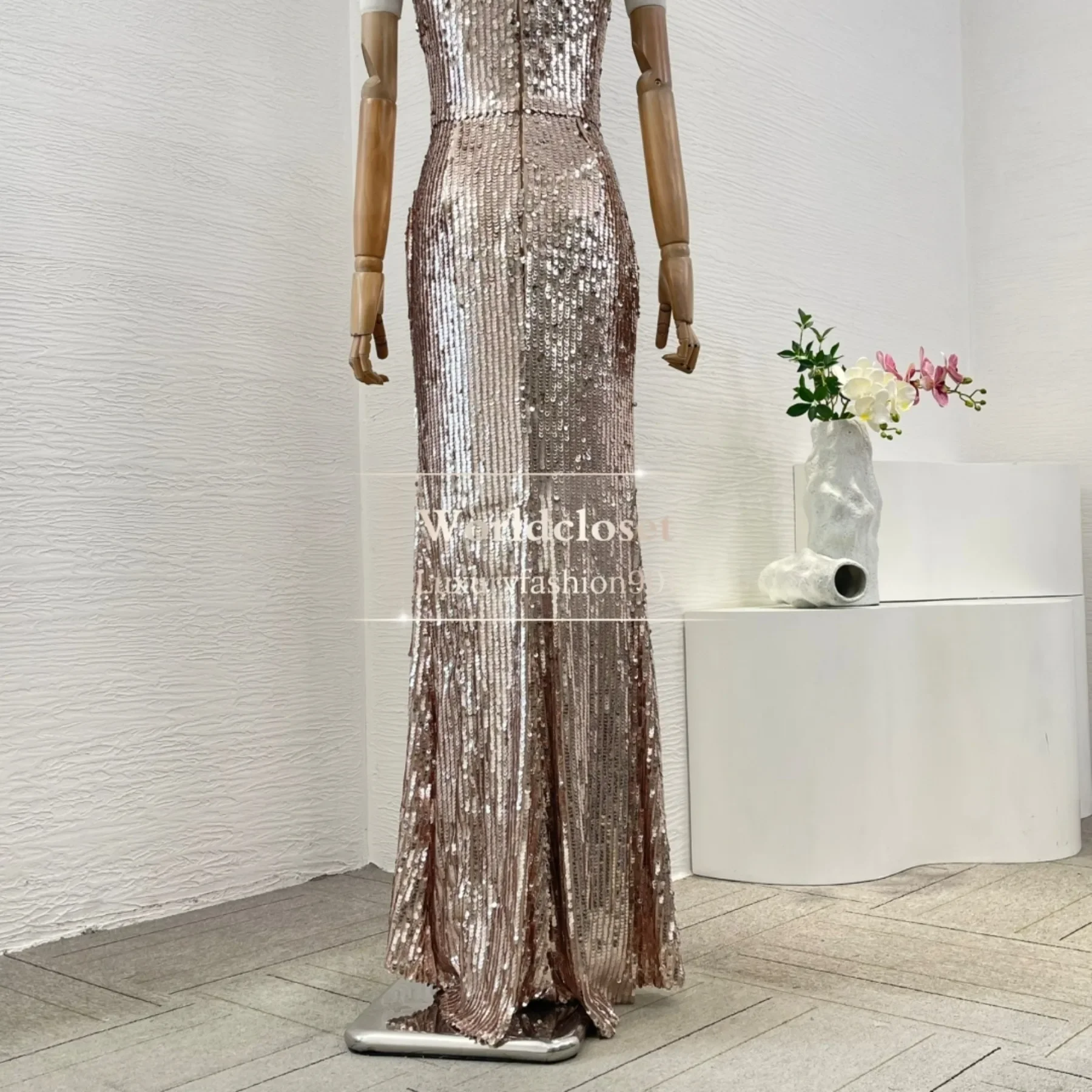 Abiti da sera maxi a coda di pesce a sirena Argento senza maniche con paillettes ritagliate