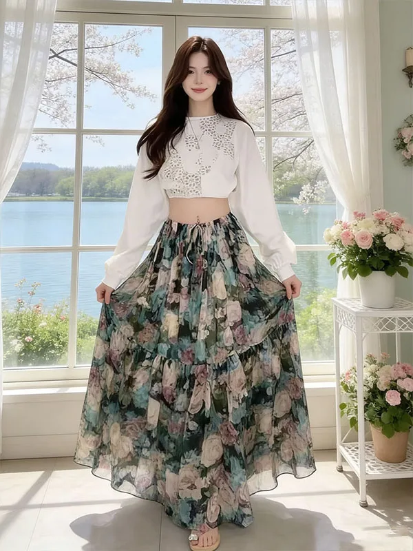 

Vaion Faion Two-Piece Set Hollow out Lace Ba Strap Top High Waist Print Skirt Ele Sle Spring Summer New Arr...