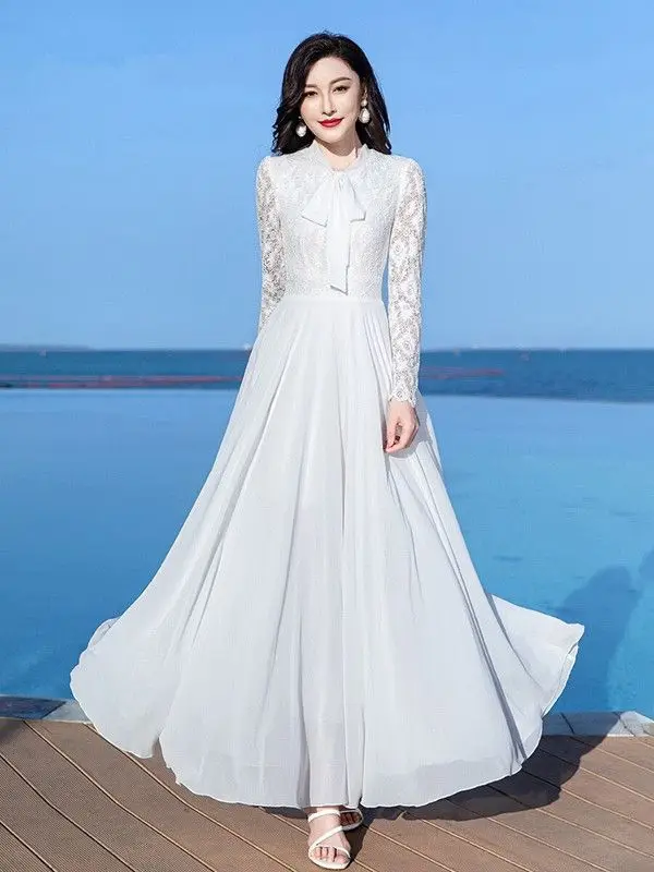

French White Dress for Women Round Neck Long Sleeve Elegant Vintage CasualY2K Fashion Autumn Pleated A-Line Dresses 2026 TS927