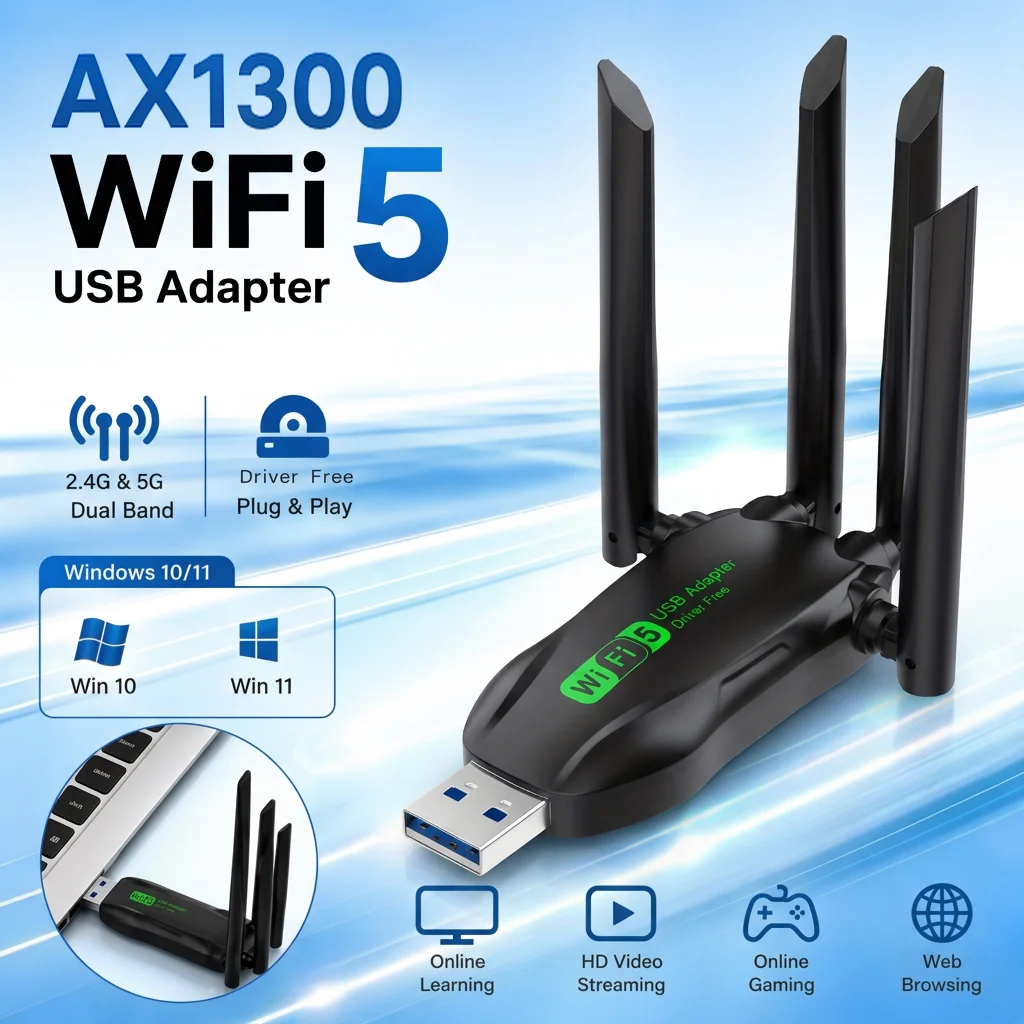 AX900 WiFi6 Bluetooth 5.4 USB Adapter, 2.4G/5G Dual Band Driver-Free Wireless Dongle, Electronic Accessory for Windows 10/11