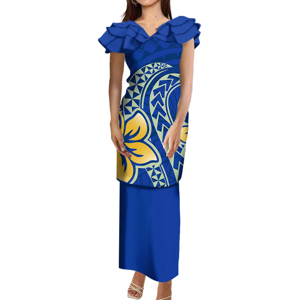 

Summer New Puletasi Custom Pacific Island Clothing Ruffled Triple Cuff Elegant Set Dress Polynesian Women'S Dress