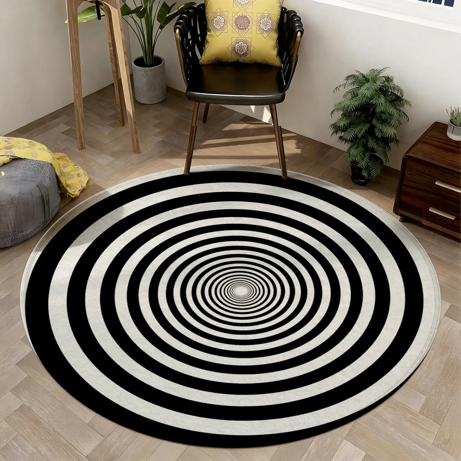 Statement Circular Vortex Black White Spiral Geometric Area Rug Modern Abstract Living Room Decor Home Mat Carpet