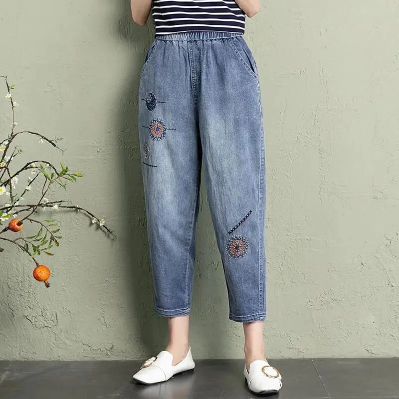 Vintage Floral Stickerei Hohe Taille Denim Hosen Dünne Harem Jeans 2022 Ethnische Stil Sommer Retro Lose Capris