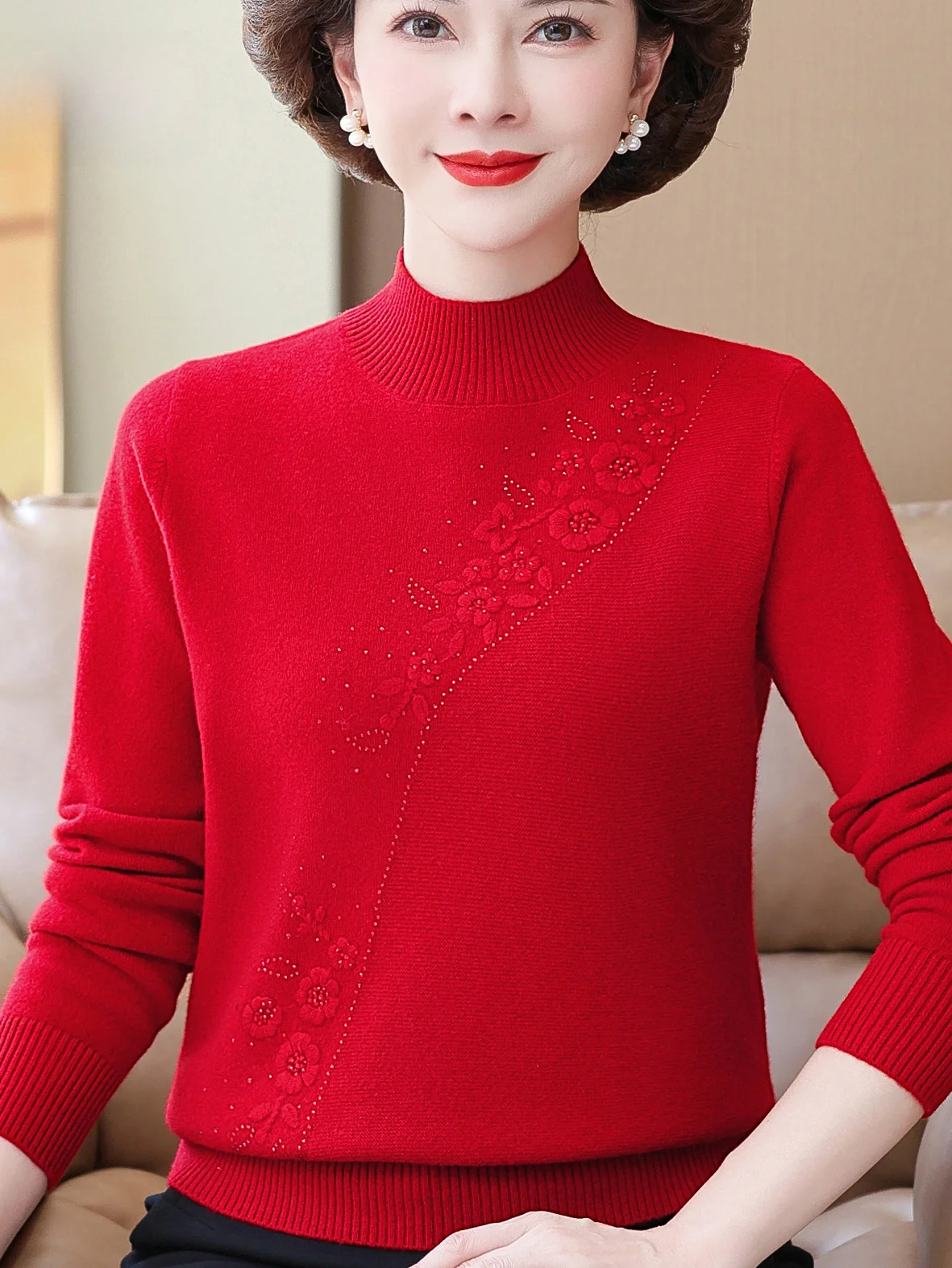 

Ele Embroidered 00 Pure Woolen Sweater f High Collar Base irt Top for Middle-Aged And ly Women Warm And Comfor...