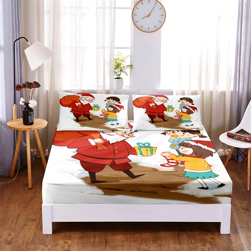 

Santa Claus Printed 3pc Polyester Fitted Sheet Mattress Cover Four Corners with Elastic Band Bed Sheet Pillowcases