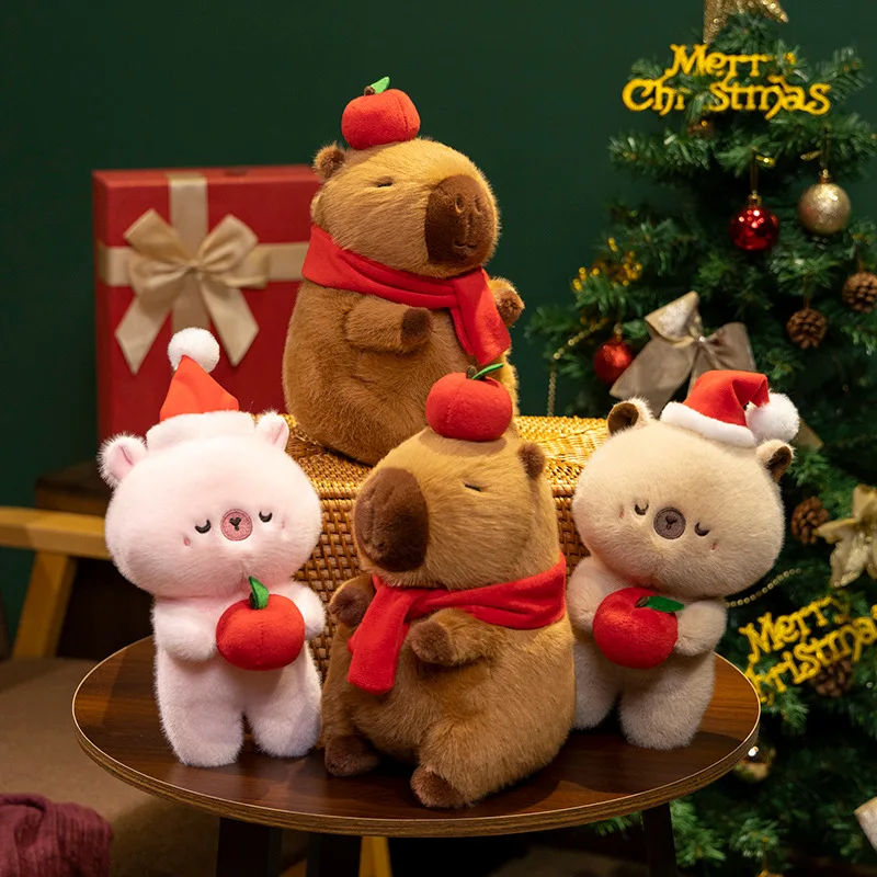 24cm Cute Capybara Wear Christmas Hat Holding Apple Gifts Xmas Series Plush Toys Kawaii Soft Stuffed Animals Plushies Doll Decor