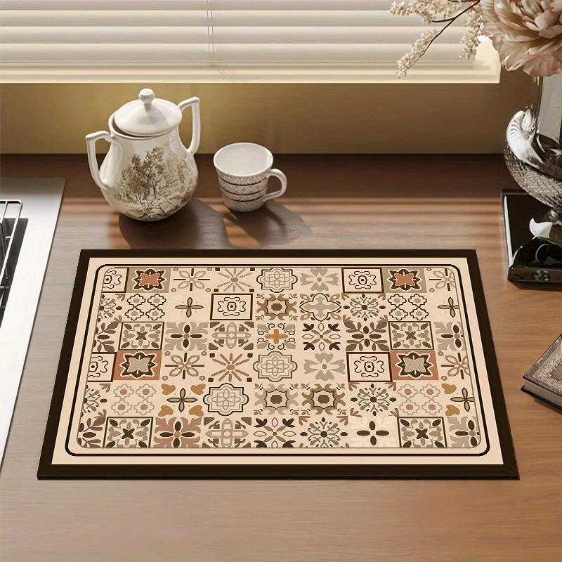 Vintage Beige Floral Tile Kitchen Drain Mat,Coffee Machine Counter,Dish Tableware Draining,Non Slip,Quick Dry,Present