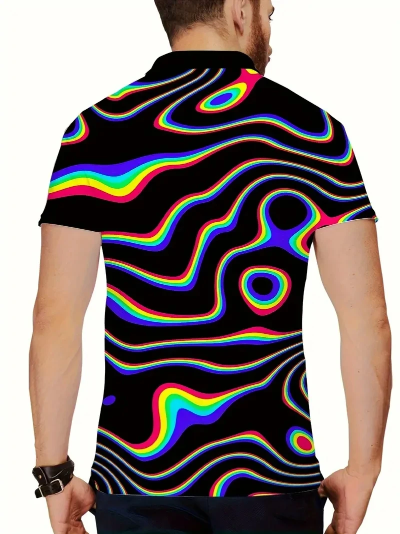 Men's Zip-Up Polo Shirt Rainbow Water Ripple 3D Printed Retro Men's Short Sleeve Plus Size Street Summer Zip-Up Polo Shirt