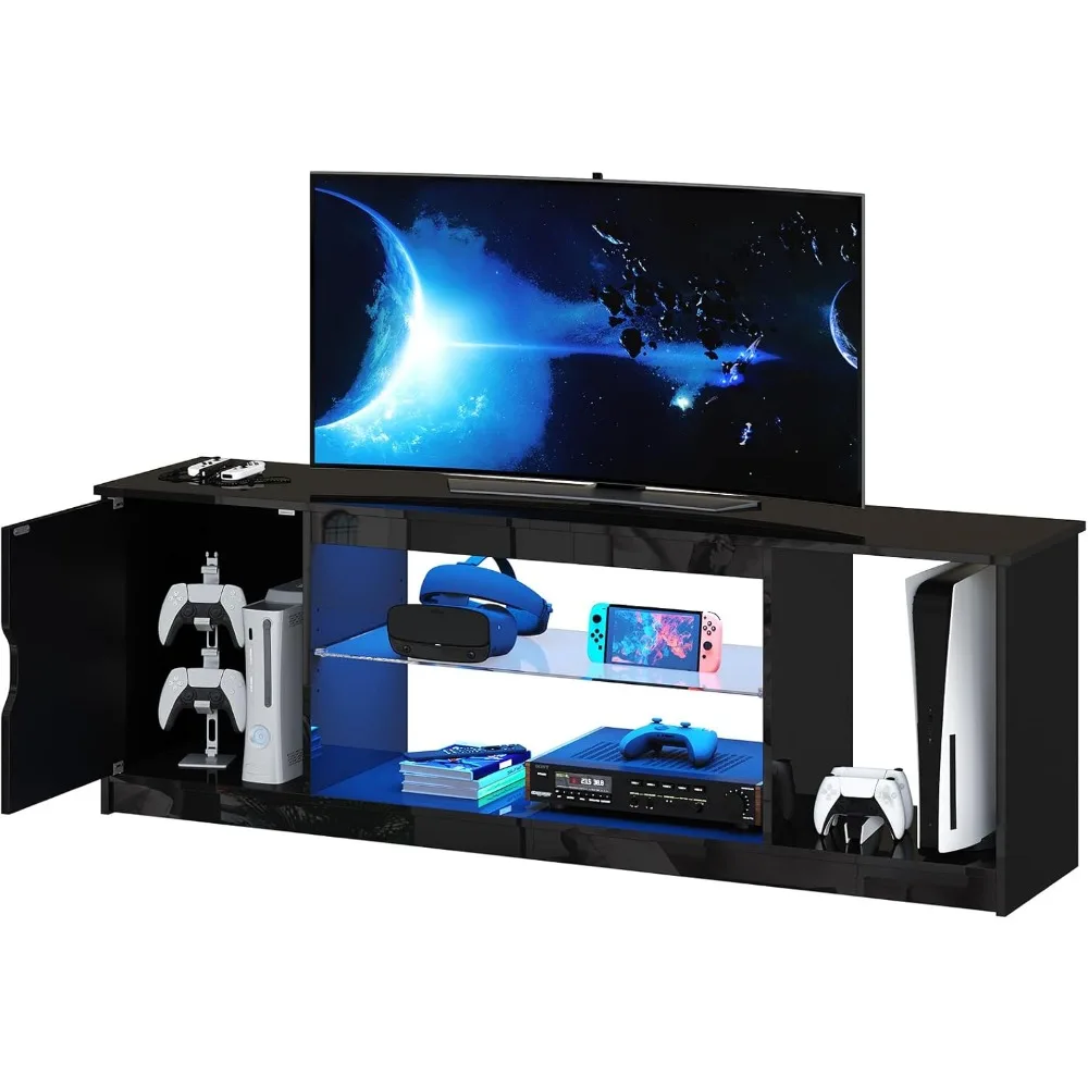 

57" Gloss Black Media Console - Gaming TV Stand for 55-65 Inch Screens, Adjustable Glass Shelves Cabinet Compatible with PS5/Xb
