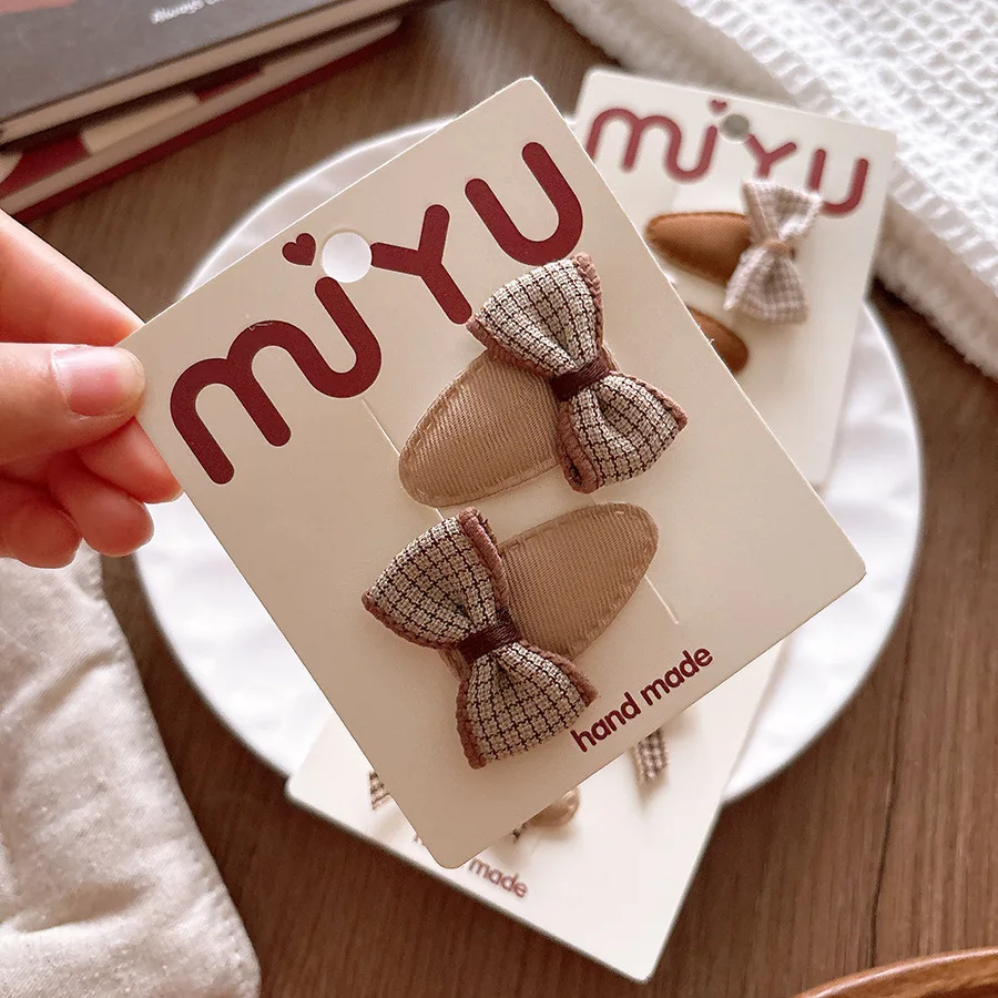 

2pc Mini Brown color Tartan Plaid Bow Baby Snaps Hair Clips Floral Hairpins Kid Cotton BB Barrette Plaid Hairpins Girls Headwear