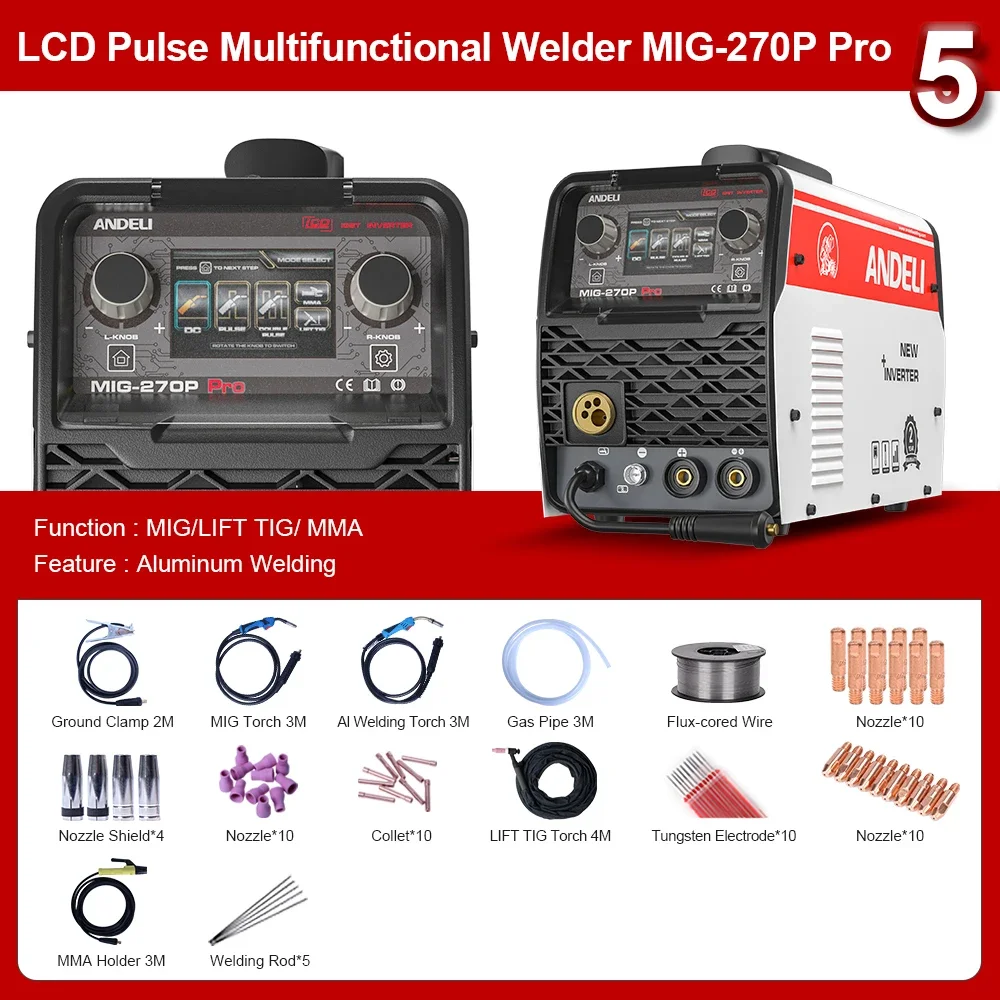 ANDELI  220V  LCD Screen Double Pulse MIG Lift TIG MMA Spool Semi-automatic  Aluminum MIG Welding Machine