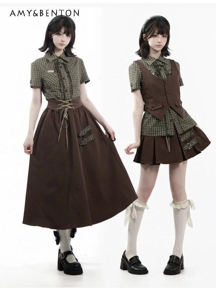 

Preppy Style Sweet Cool Girl Retro Short-sleeved Shirt Outfits Gothic Subculture Plaid Shirt Cargo A-line Skirt Two-piece Set
