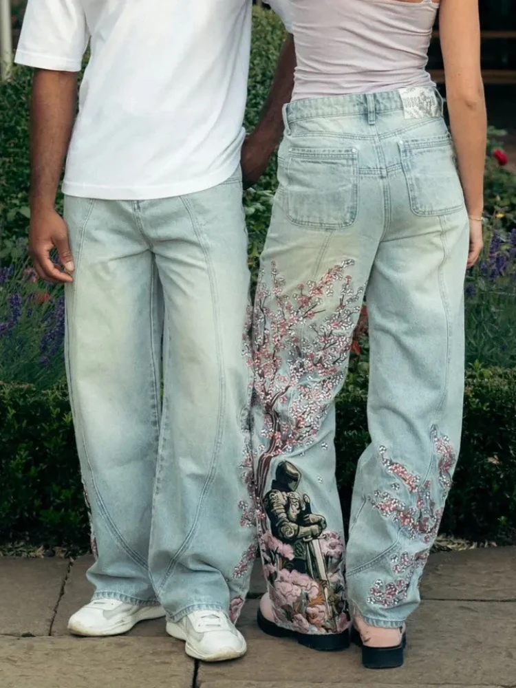 

HOUZHOU Y2k Vintage Cherry Blossom Embroidery Women Man Jeans Distressed Wide Leg American Style Straight Denim Trousers Baggy