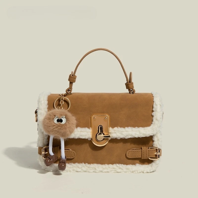 

Autumn Winter Plush Spliced Handbag - Women's Lamb Wool Square High-Quality Top-Handle Bag - Free bag charm