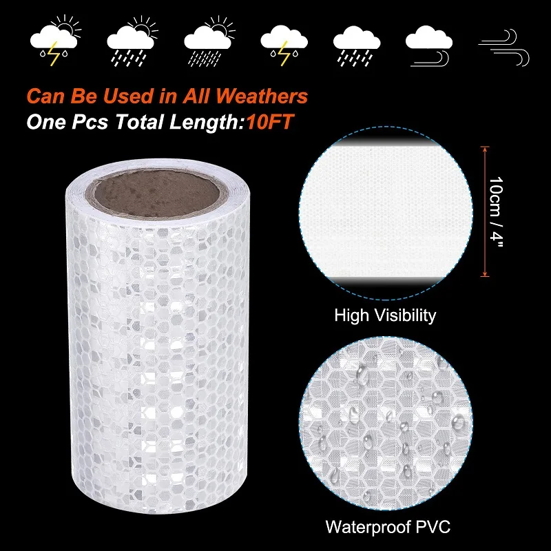 Pegatina reflectora impermeable para camión, cinta autoadhesiva blanca de advertencia de tráfico, tiras reflectantes de PVC protectoras de seguridad, 10CM x 3M