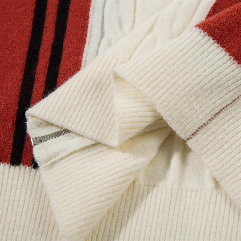 Suéter con cremallera y solapa de manga larga con contraste de Color, moda europea americana para hombres y mujeres, suéteres informales sueltos con rayas de Jacquard
