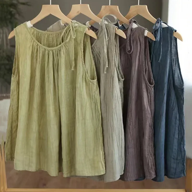 

Fashion Solid Thin Cotton Linen Tanks Top Women Camis Blusas Loose Casual Summer Sleeveless Shirt Woman Clothes Camiseta Mujer