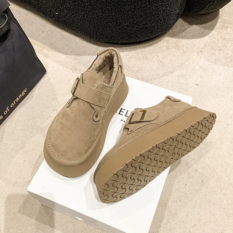 

Бархатные женские хлопковые туфли на толстой подошве, новинка 2025 года, зимние классические коричневые теплые зимние ботинки с круглым носком и матовым покрытием на одну ногу