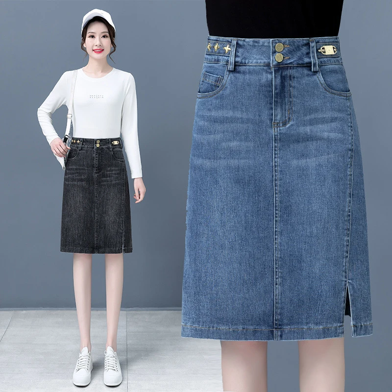 

Джинсовая юбка миди с высокой талией для женщин, осенняя юбка-карандаш с боковым разрезом, джинсовая юбка миди, оптовая продажа.