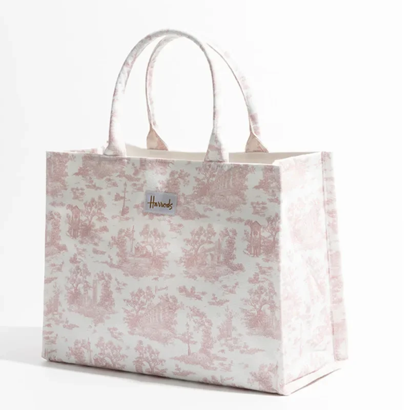 Fashion Female Canvas Tote Handbag Square Flower Printed Stylish Purse For Woman Large Reusable Shopping Shoulder Bag