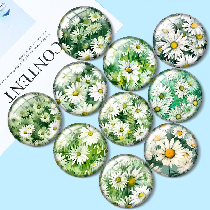 

Watercolor Daisies Patten 10pcs 12mm/18mm/20mm/25mm Round photo glass cabochon demo flat back Making findings