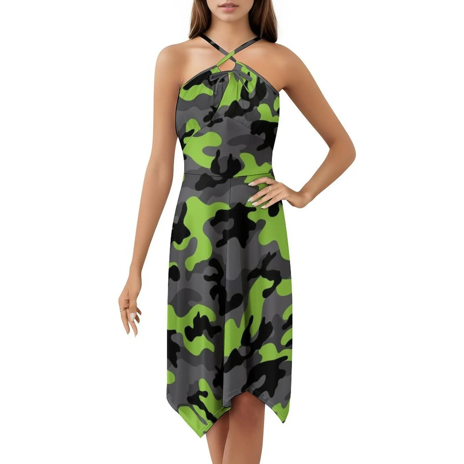 فستان بوهيمي عتيق بنمط مموه باللون الأخضر النيون والرمادي الليموني بأكمام منتفخة أو خيارات بدون أكمام لفستان النساء