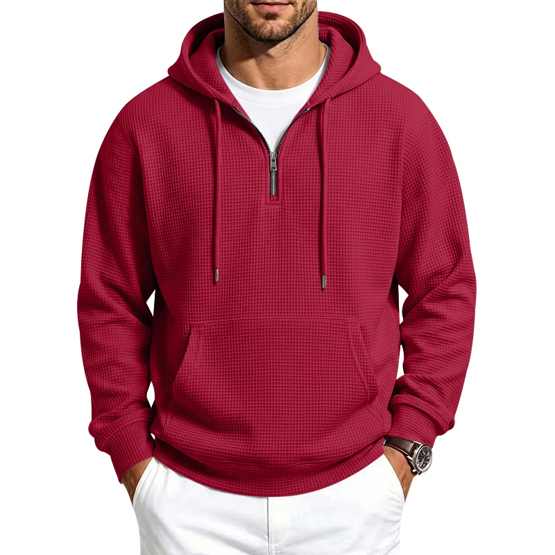 Men's Spring and Autumn Single-Piece Waffle Knit 1/4 Zip Casual Loose Hoodie Sweatshirt, Suitable for Daily Wear