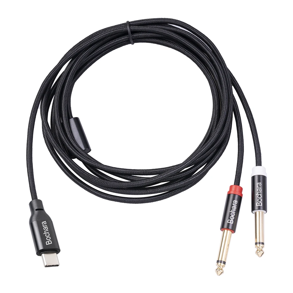 Bochara Braided Type C to Dual 6.35mm Jack OFC Audio Cable Built-in Digital IC Chipset Foil+Braided Shielded 1m 2m 3m